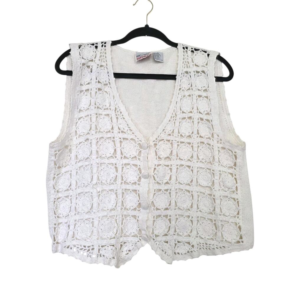 Vintage Crochet Knit Cottagecore Sweater Vest Womens L White Sheer Boho Beach